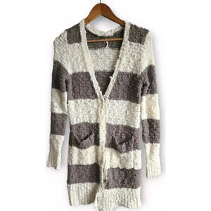 Free People Cardigan Womens S Cuddle Bear Brown Striped Boucle Wool Blend Pocket